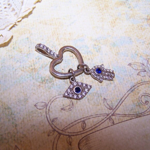 Sterling Silver Cubic Zirconia Heart Pendant with Evil Eye and Hamsa Charms - Picture 2 of 7